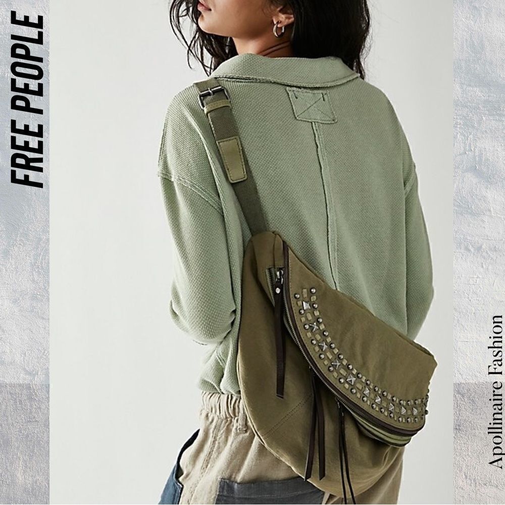 We The Free Olive Green Studded Canvas Crossbody Shoulder Bag